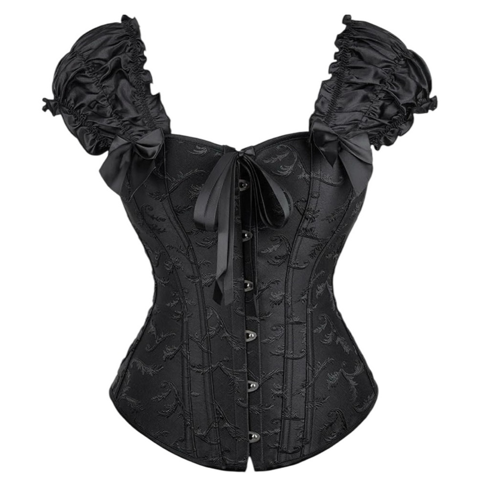 Corset Story‎ Jacquard Overbust Ruffle Sleeve Bow Detail Black Corset